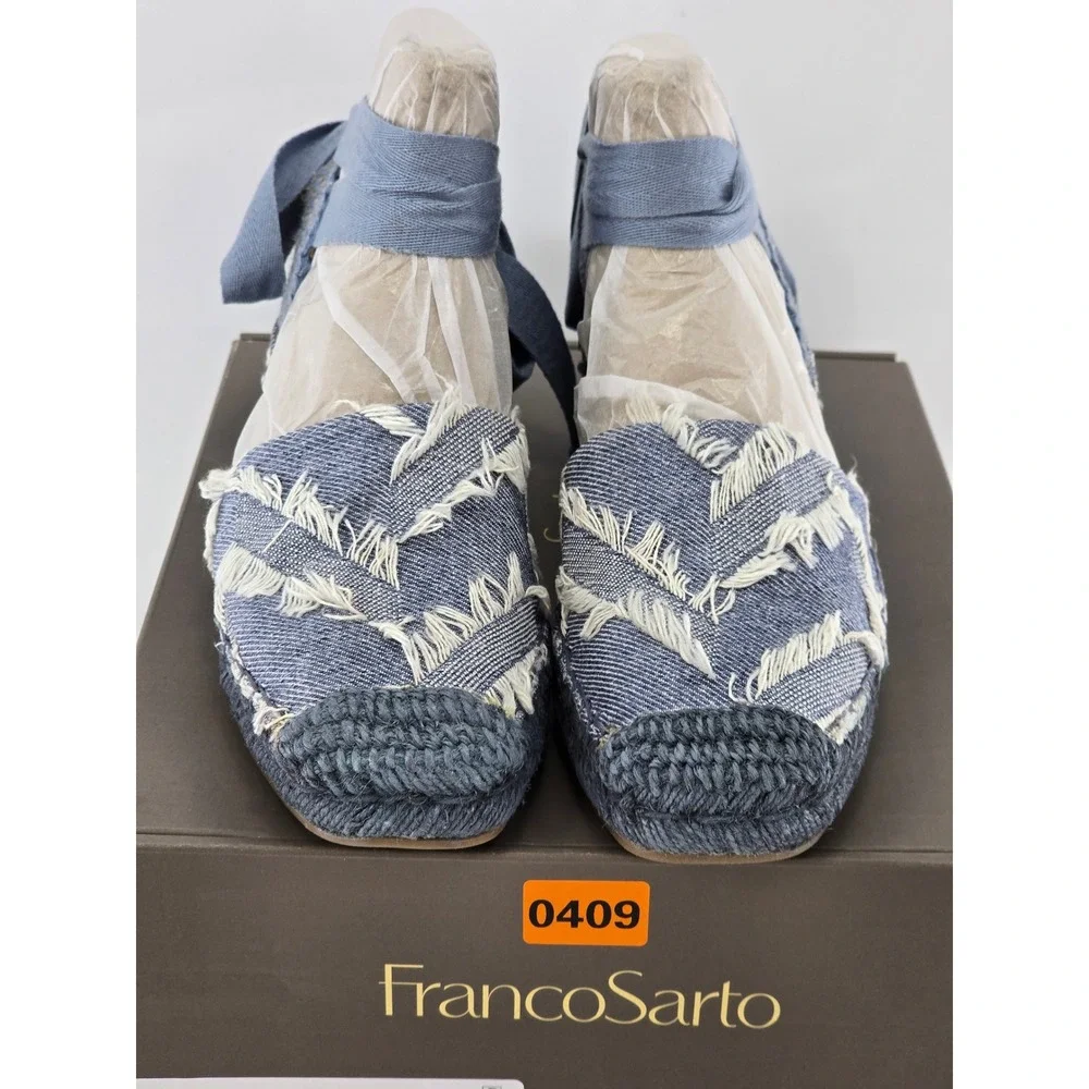 Franco Sarto L-Britney Espadrille Sandals Womens 7.5 Blue Denim Wedge Tie -New